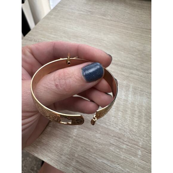 Antique Gold Tone Engraved Infant Baby Bangle Bracelet - 2" Multi Stone Pearl - Picture 7 of 8